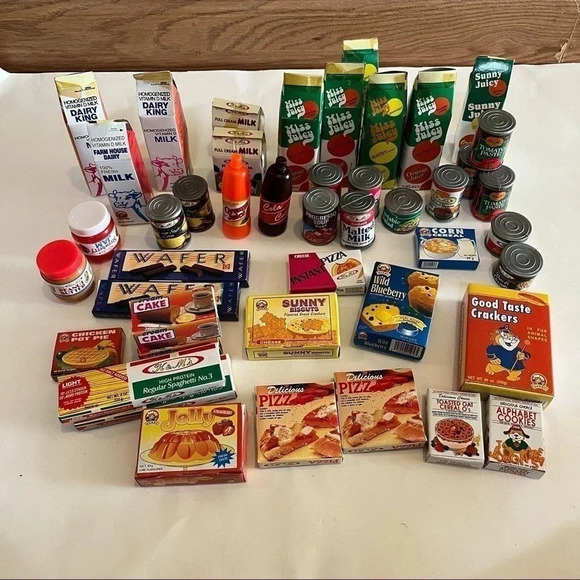 Other - Lot 45 Vtg Pretend Play Food Mini Boxes Cans Coca Cola Progreso Milk Pizza Pasta